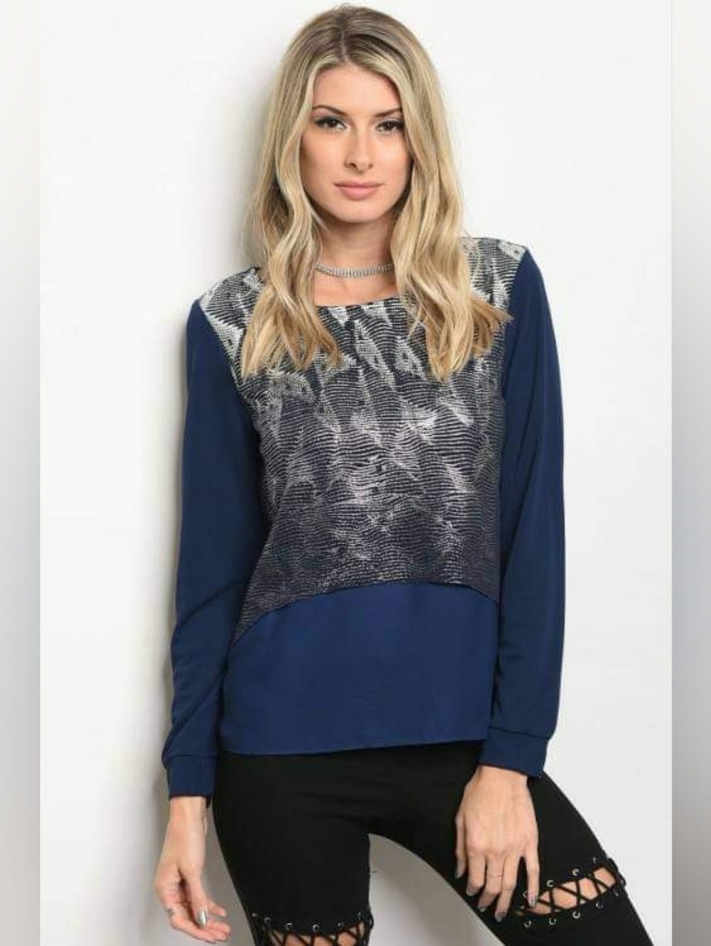 Women's Navy Long-Sleeve Mixed-Texture Top